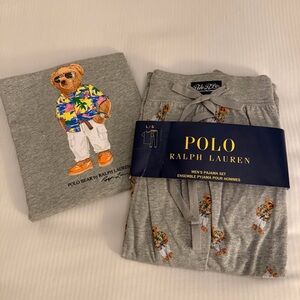 New Men’s sz XL Polo by Ralph Lauren Gray Pajama Set with Bear Design